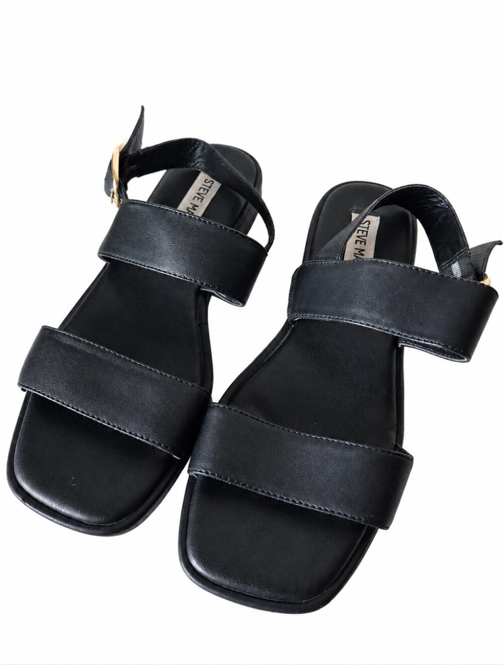 Steve Madden Black Leather Dual-Strap Sandals w/ Gold Buckle Detail